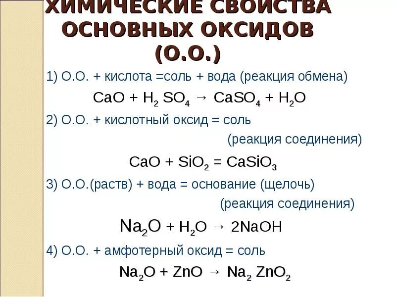 Уравнения химических реакций основные оксиды с кислотами. Химия химические свойства основных оксидов. Свойства основных оксидов с примерами реакций. Химические свойства кислот кислота + основной оксид.