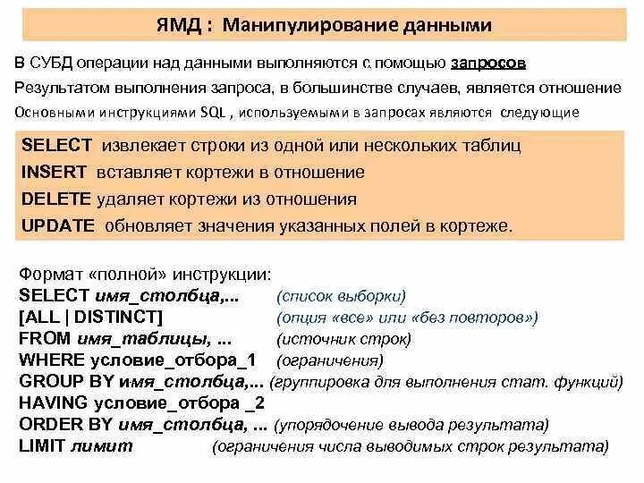 Язык манипулирования данными. Язык манипулирования данными SQL. Язык манипулирования данными СУБД предназначен для организации. Языки манипулирования данными в БД.