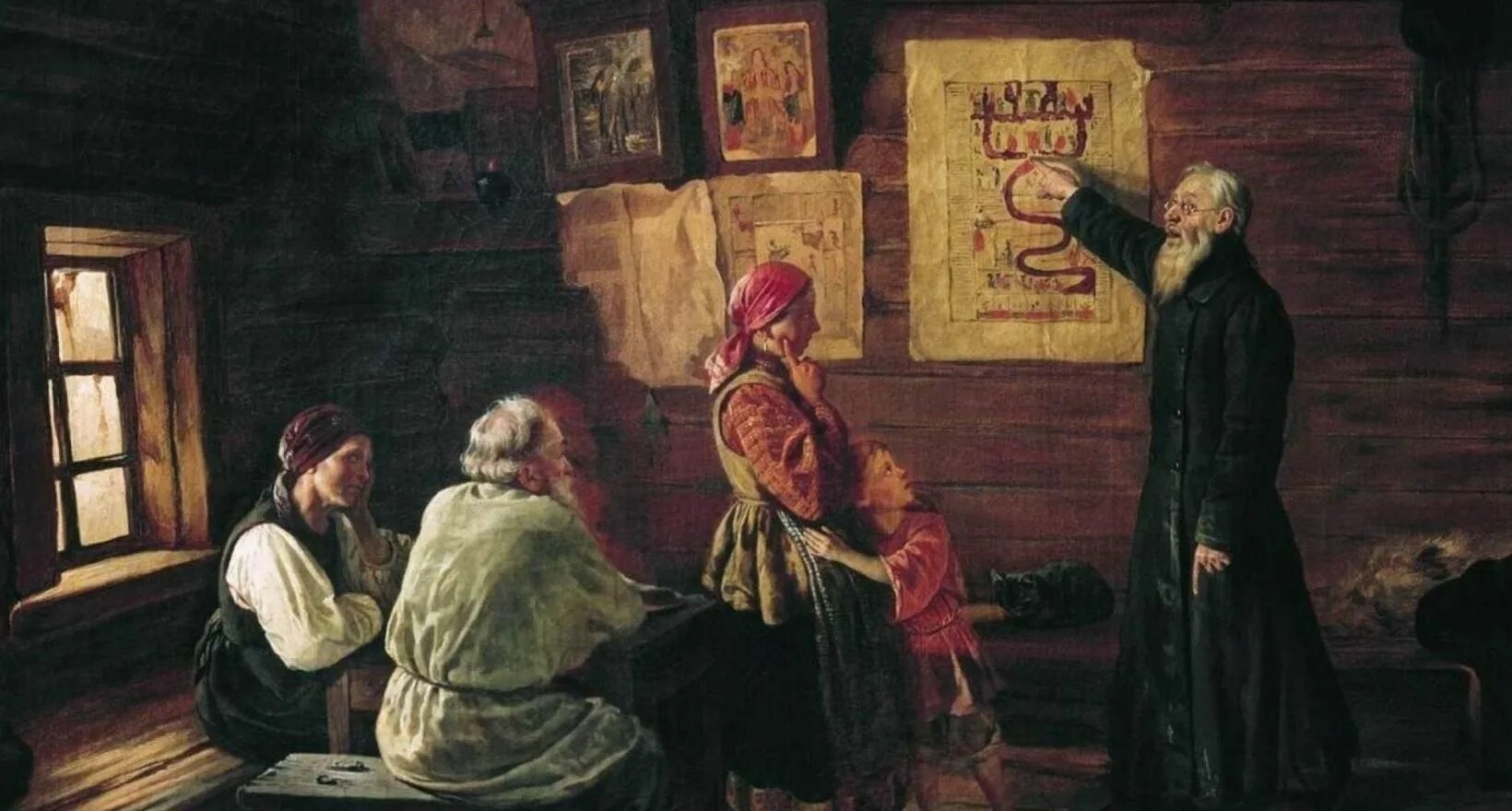 Просвещение древней руси. Пукирев дьячок объясняет крестьянам картину. василий пукирев. сбор недоимок. 1875. школы древней руси 16 век. борис кустодиев «земская школа в московской руси», 1907 г..