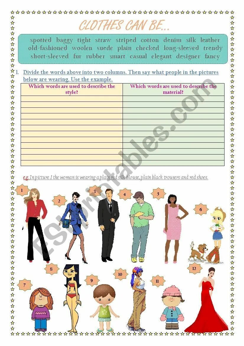Clothes people are wearing. Describing clothes worksheets. describe clothes worksheets. describing clothes esl. clothes describing people worksheet.