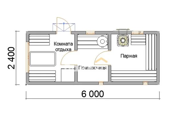 Проект бани 6 на 6 метров Проект бани 4х6 с верандой под третьим фронтоном от Доброй бани План дома, Карка
