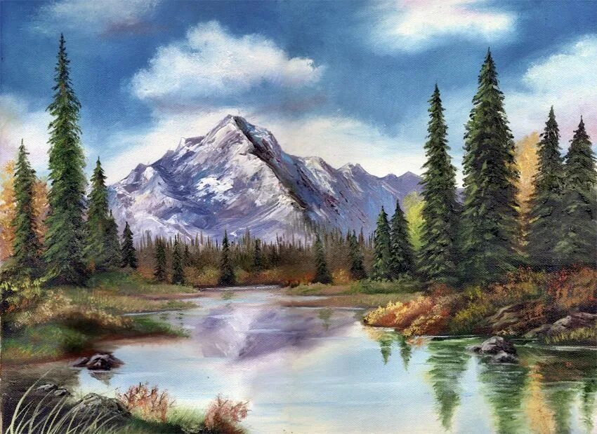 Painted landscape. Горы река деревья Ольга Базанова. Природа живопись горы. Природа горы масло. Живопись горные пейзажи с озером.