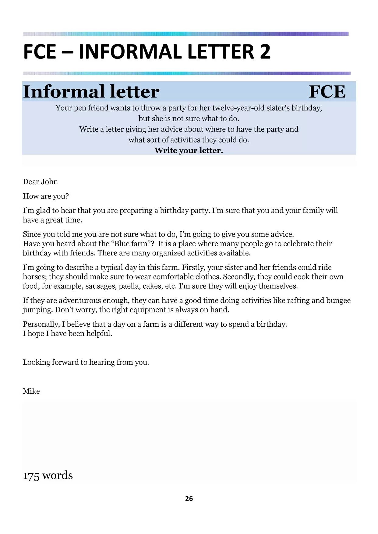 Letters пример. Informal Letter FCE example. Письмо FCE. Письмо FCE пример. FCE Letter example.
