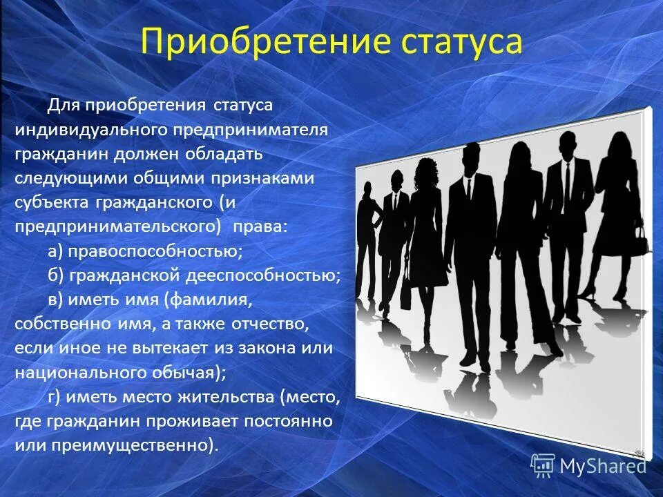 Приобретение прав и обязанностей под именем лица. Приобретение статуса индивидуального предпринимателя. Условия приобретения статуса ИП. Граждане как субъекты предпринимательской деятельности. Условия приобретения статуса индивидуального предпринимательства.