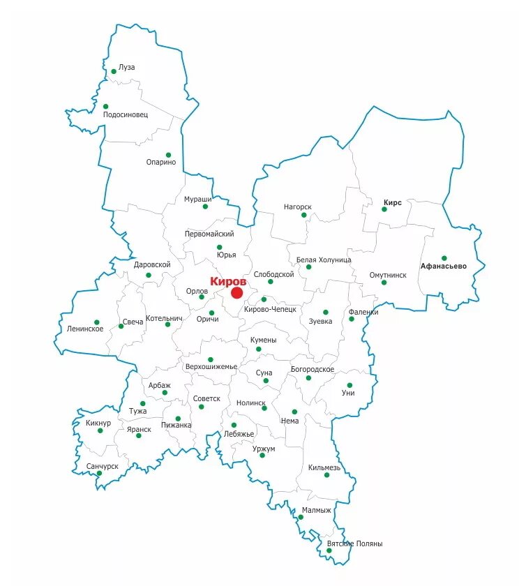 Киров какой федеральный. Карта Кировской области с районными центрами. Карта Кировской области с районами области. Контурная карта Кировской области. Карта Кировской обл с районами.