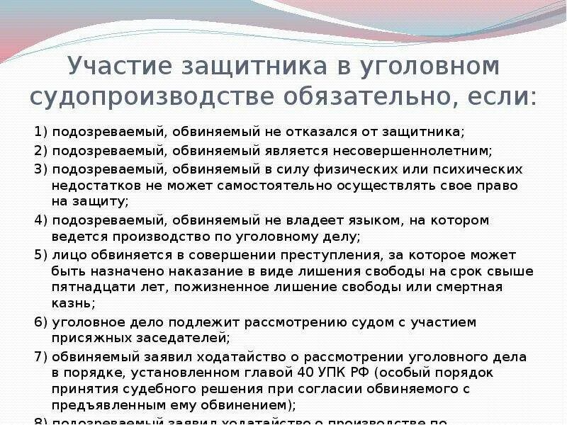 Обязательное участие присяжных. Участие защитника в уголовном судопроизводстве. Обязательное участие защитника в уголовном процессе. Участие защитника в уголовном судопроизводстве обязательно. Обязанности защитника в уголовном судопроизводстве.