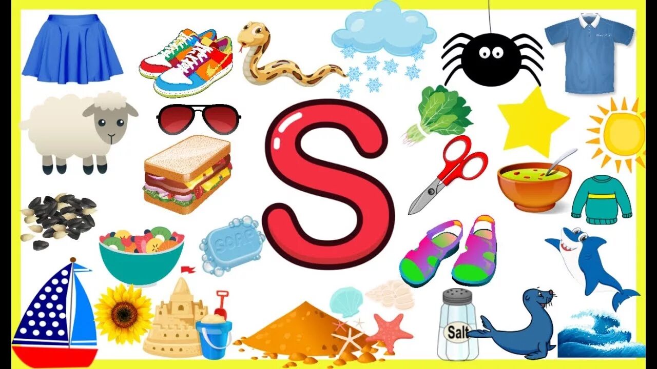 Английские буквы для детей. Words start with s. The Letter. Words begin with s.