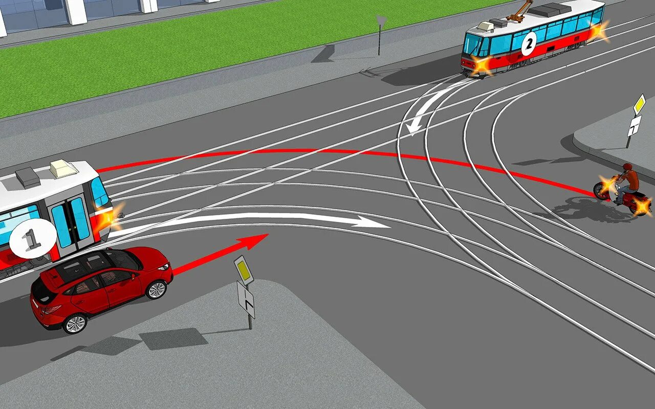 Avto пдд. Регулируемый перекресток с трамваем. Перекресток с трамвайными путями. ПДД перекресток с трамвайными путями. Трамваи на перекрестках ПДД.