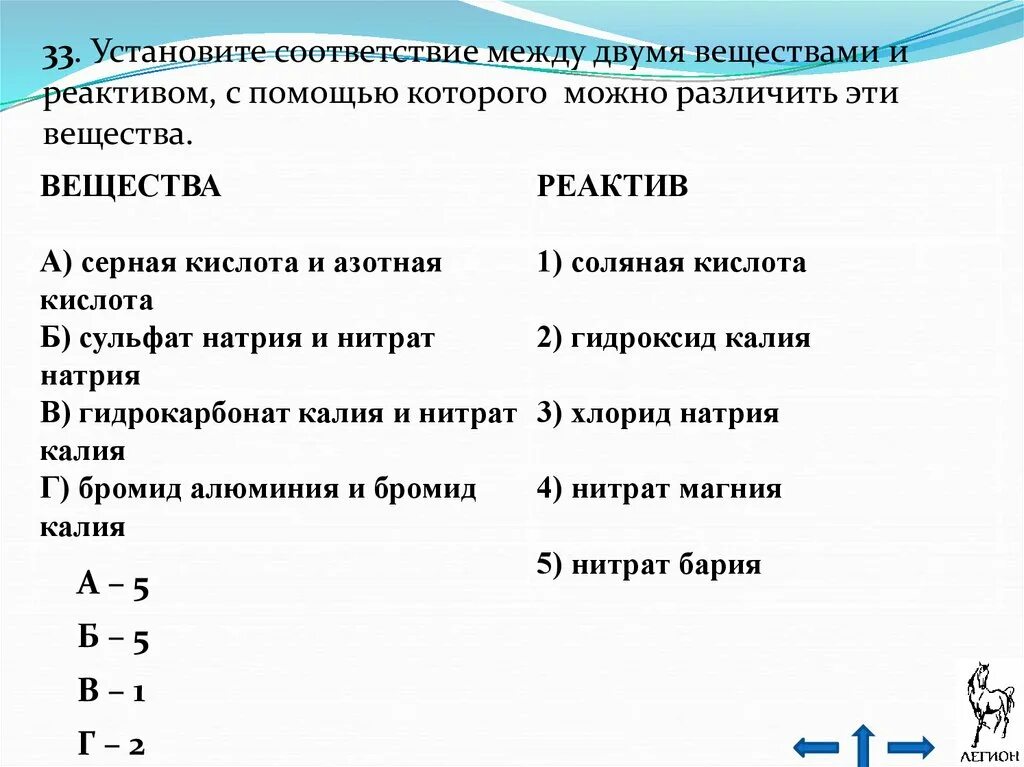 Установите соответствие реагент соляная кислота