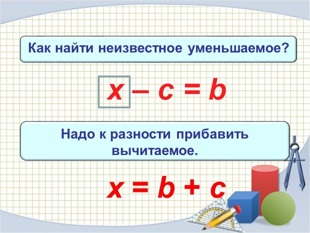 Чтобы получить разность нужно. Как найти неизвестный уменьшаемое. Как найти неизвестное уменьшаемое. Нахождение уменьшаемого. Неизвестное уменьшаемое надо к разности прибавить.