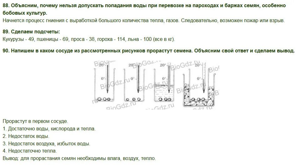 Рассмотрите рисунок в каком сосуде семена. Почему при перевозке на пароходах и баржах семян особенно бобовых. Посчитайте сколько воды потребуется для набухания. Используя рисунок 107 учебника подсчитайте сколько воды потребуется.