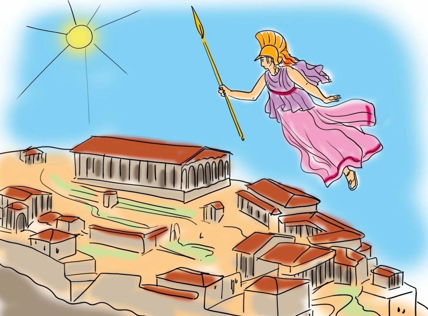 Древняя афина город. Акрополь рисунок. Афины рисунок.
