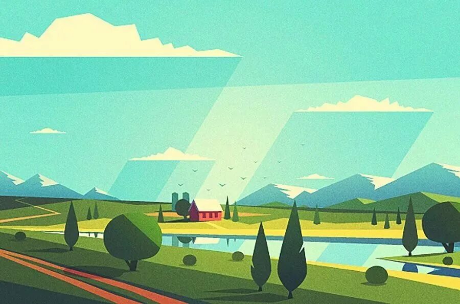 Flat fields. Векторный пейзаж. векторная графика пейзаж. иллюстрация в стиле flat. стилизация пейзажа.