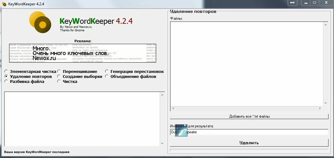 Программа для обработки ключевых слов. Программа для разделения файлов txt. Удаление повторов. Включи программу слова