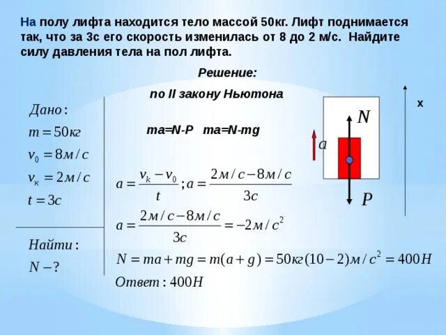 Вес тела в воздухе 20 н. Задачи по физике 9 класс с ускорением лифта. Вес тела в лифте. На полу лифта находится тело массой 50. Давление на пол лифта.