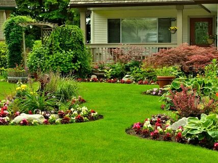 Front Yard With Garden Beds Full Of Plants And Flowers.