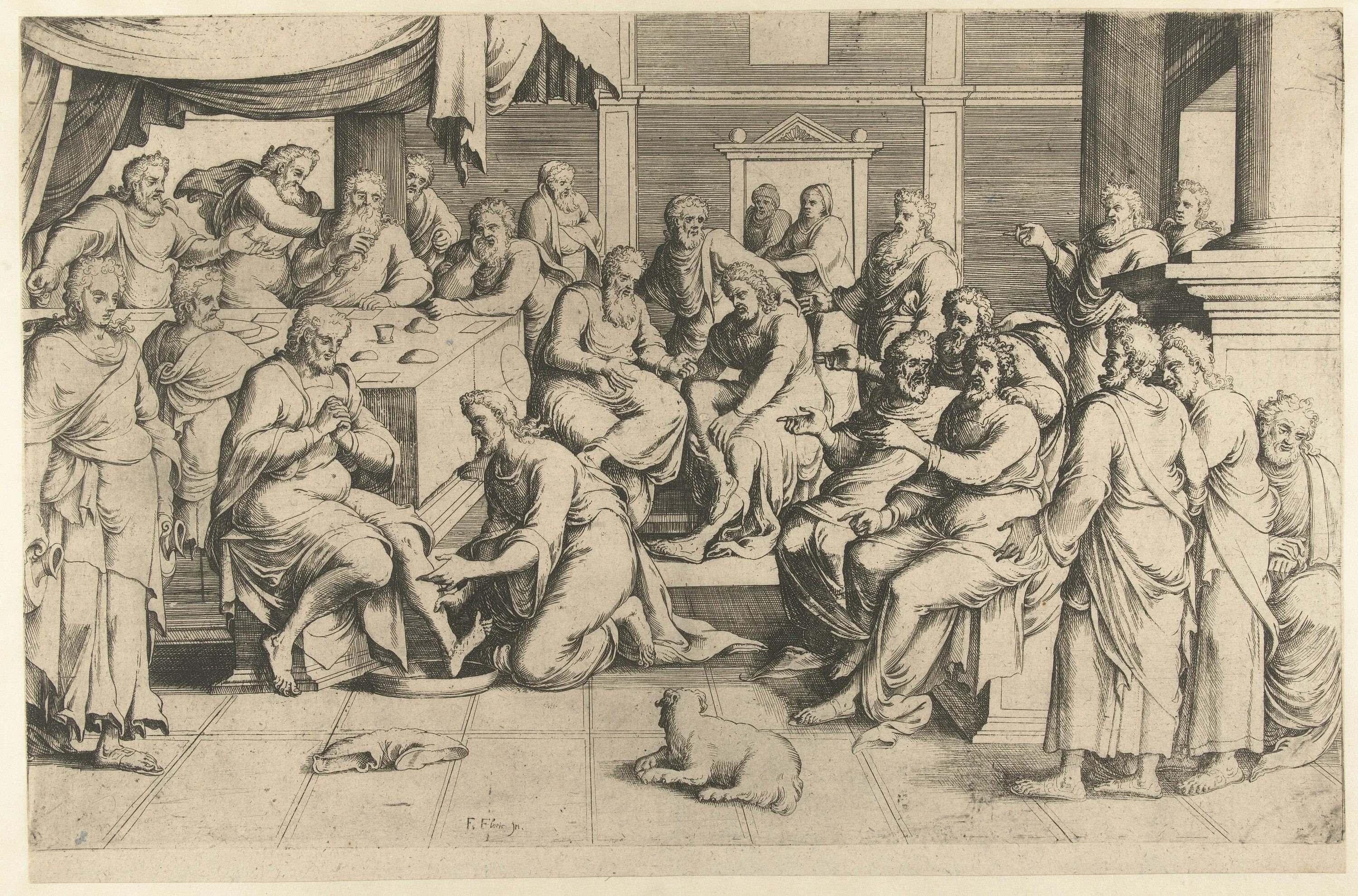 Peter washes. Франс Флорис Гравюры. Jesus Washes the feet of his Disciples.