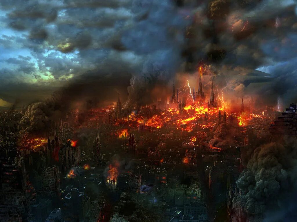 Digital hell kinitopet. Адский город. Горящий город. Город в огне. Разрушенный горящий город.