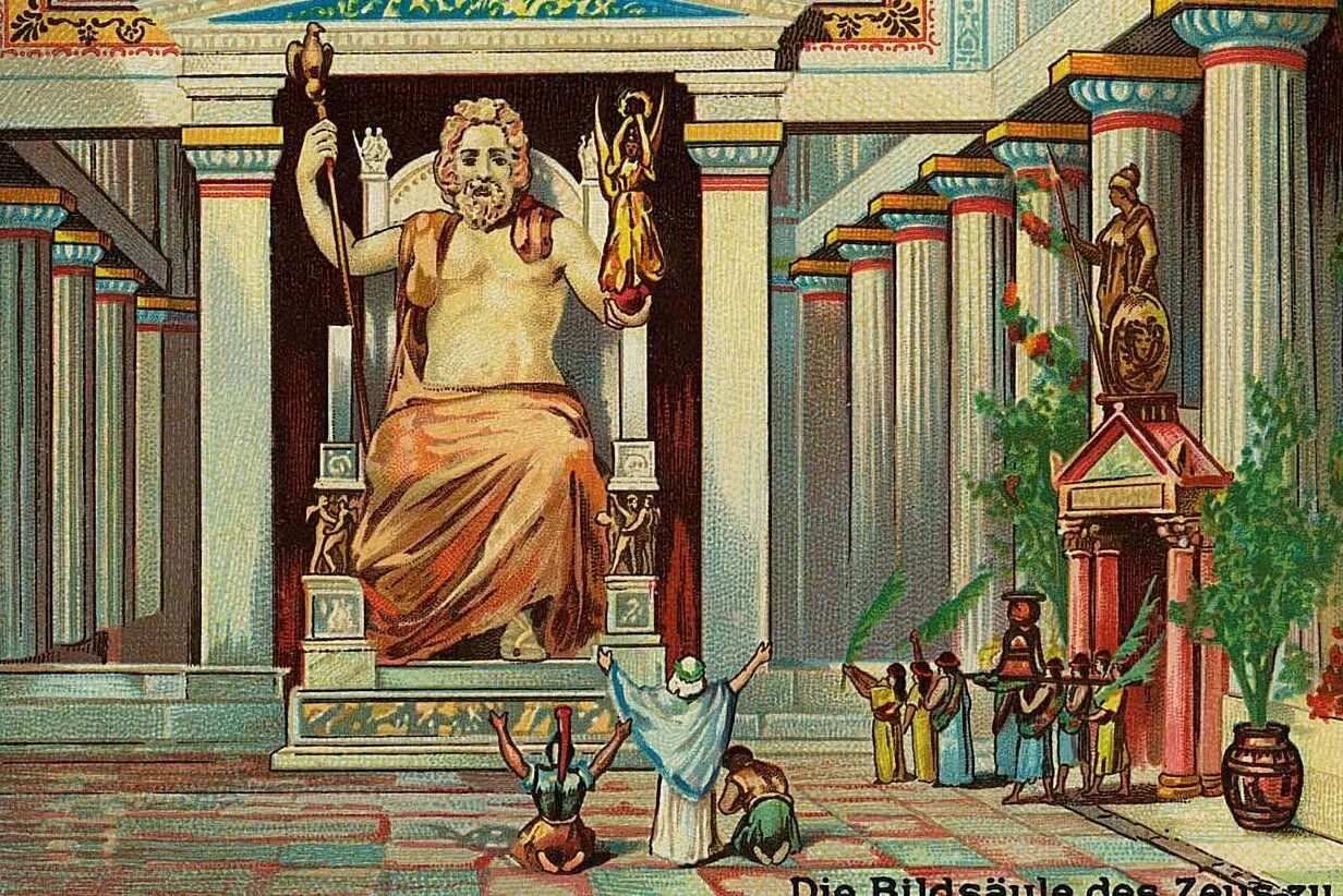 Какие жертвы приносили зевсу. Статуя Зевса в Олимпии. Открытие статуи Зевса в Олимпии. Семь чудес света статуя Зевса. Зевс статуя древняя Греция.