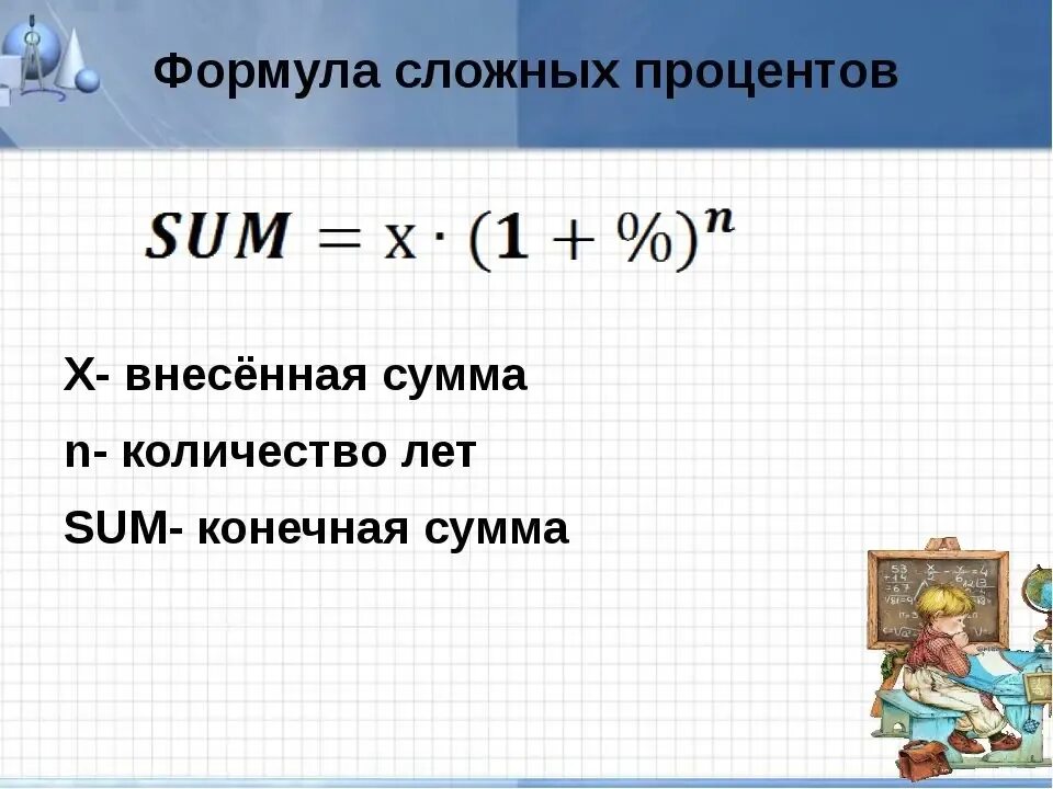 Алгебра 9 презентация сложные проценты. Формула сложных процентов. Формула слон хпроценто. Формула для вычисления сложных процентов. Формула простых и сложных процентов.