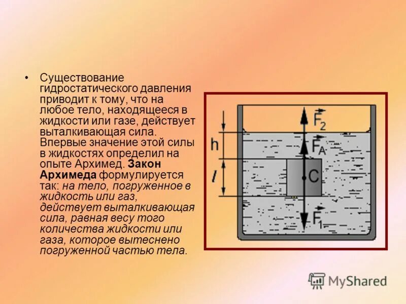 Сила гидростатического давления жидкости. Формула гидростатического давления жидкости. Гидростатическое давление на поверхность. Сила Архимеда опыт. Тело лежит на дне сосуда