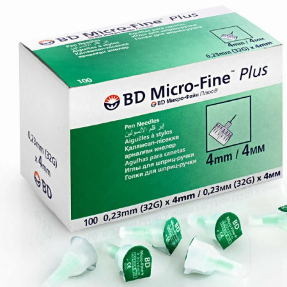 Игла для шприц-ручек bd Micro-Fine Plus 32g (0.23 мм х 4 мм), 100 шт.. Иглы bd микро Файн 4 мм.. Иглы для шприц-ручки bd Micro-Fine Plus 32g (0.23х4мм) n100. Микрофайн иглы 4мм.