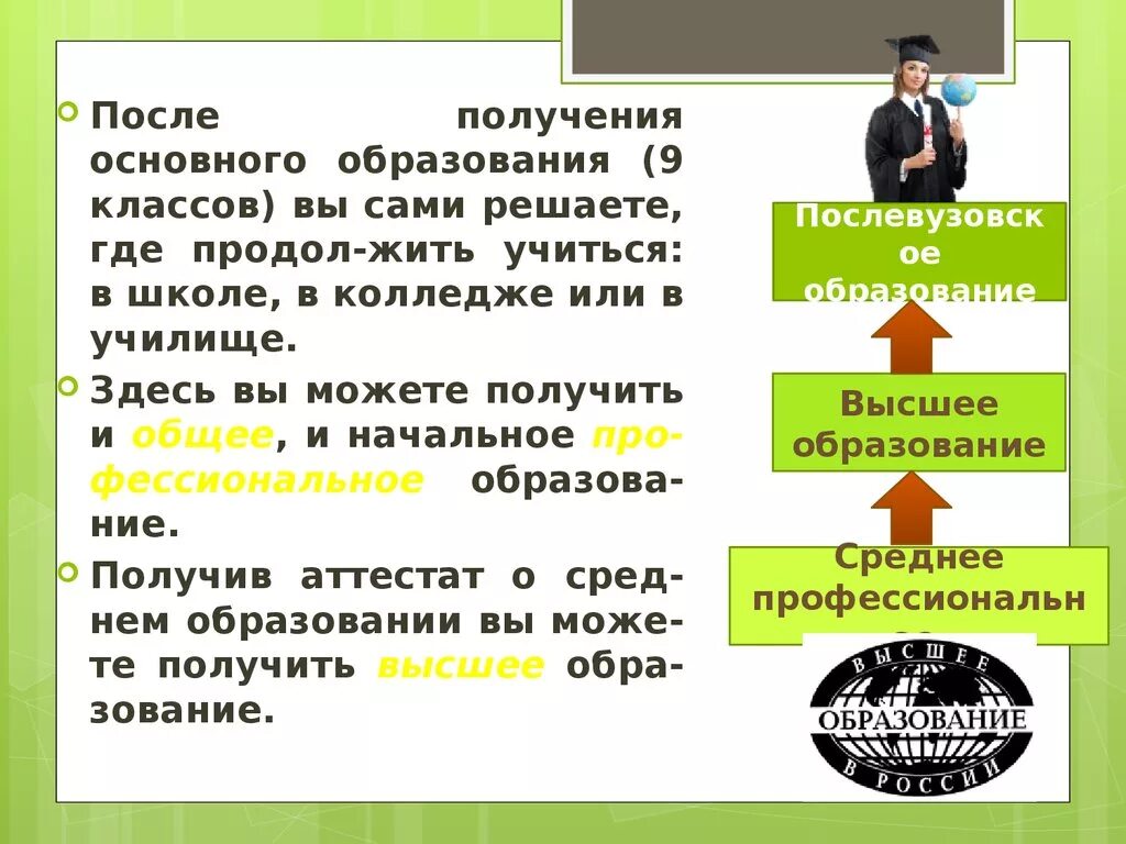 Презентация на тему образование. Как можно получить высшее образование после 9 класса. Сообщение на тему образование. Получение основного образования. Презентация по обществознанию тема образование