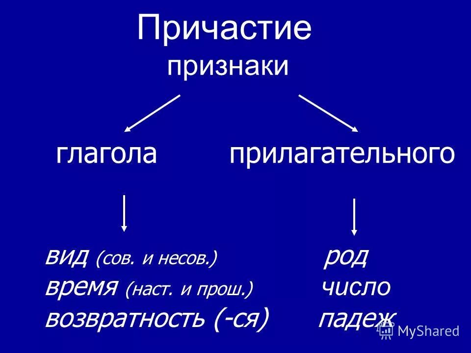 Возвратность причастия 7 класс. Сов и несов вид причастия. Признаки глагола у причастия. Сов вид и несов вид глагола.