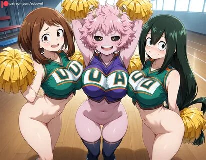Uraraka, Mina and Tsuyu cheerleading half naked 