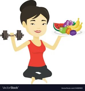 Asian woman holding fruits and dumbbell. 