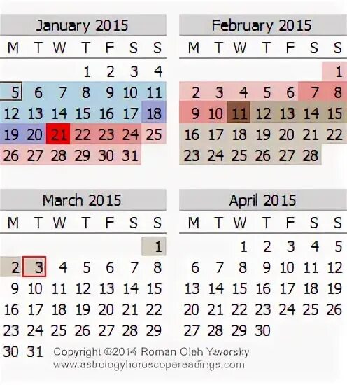 Календарь Меркурия. Январь 2015. January February March April.