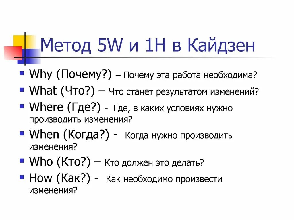 Метод 5w. Методология Kaizen. Метод 5w 1h в Кайдзен. Метод 5 вопросов. Методика 5 вопросов