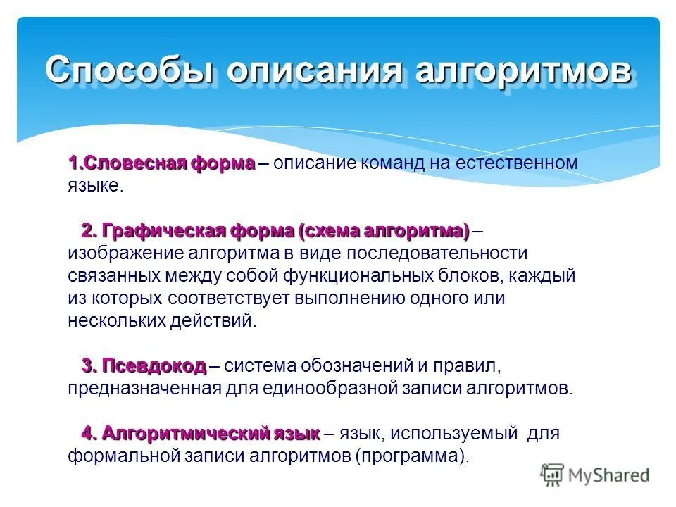 Алгоритмы виды алгоритмов описание алгоритмов. Алгоритмы и способы их описания примеры. Способы описания алгоритмов. Основные способы описания алгоритмов в информатике. Алгоритм способы описания алгоритмов.