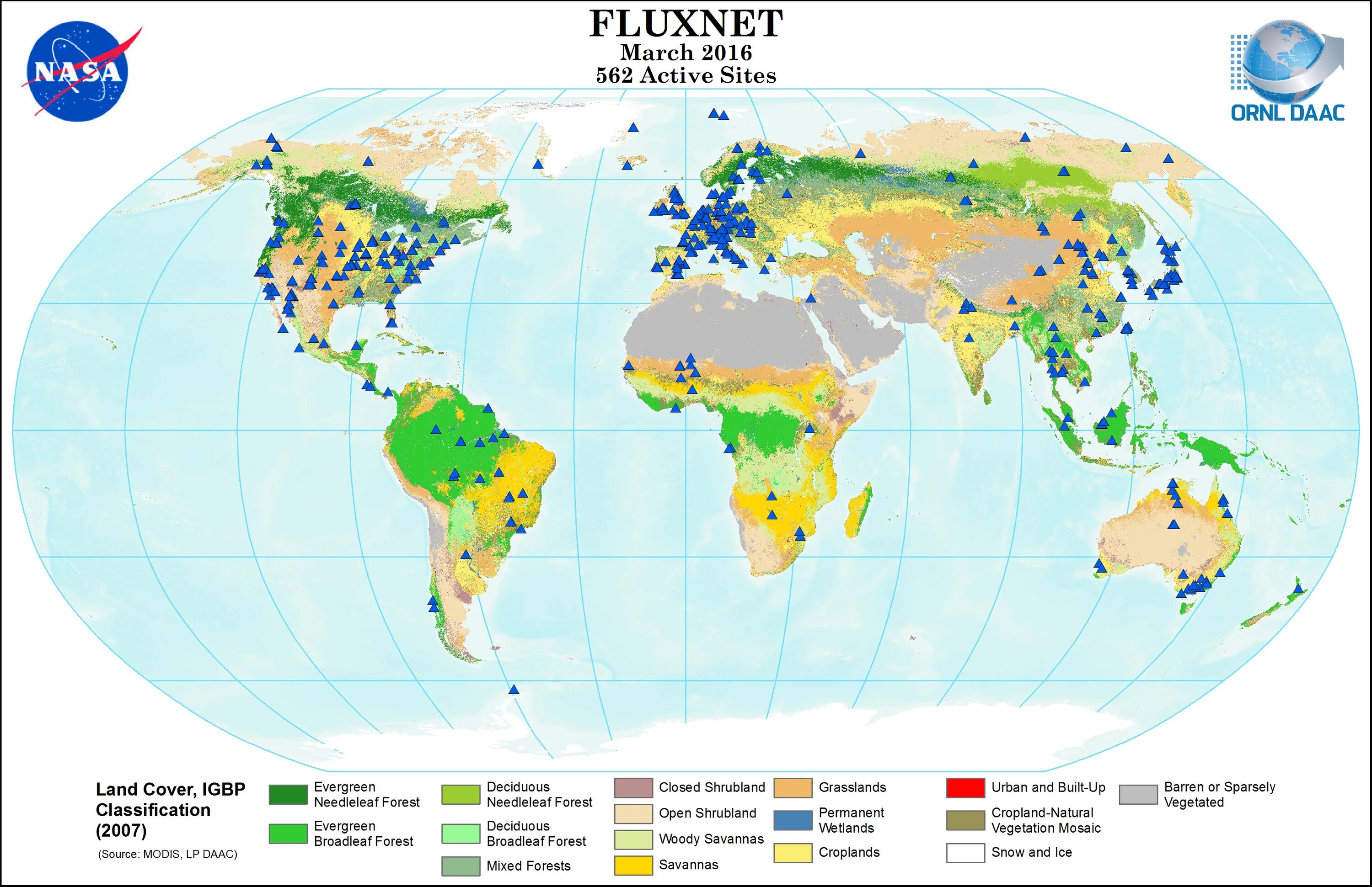 FLUXNET карта. International Geosphere-Biosphere programme. Needleleaf Forests. Cropland natural vegetation Mosaic. Site locations