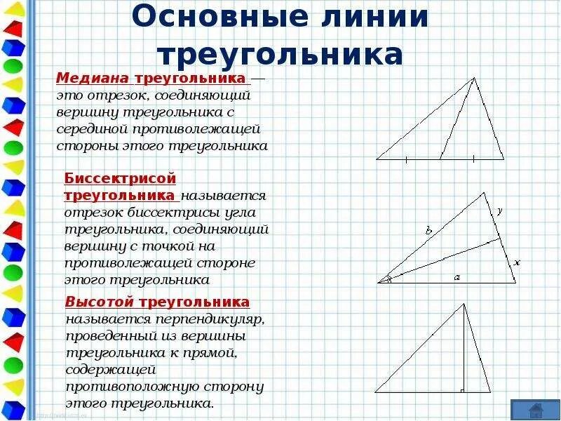 Основные линии треугольника. Вся информация о треугольниках. Треугольник геометрия. Треугольники 7 класс.