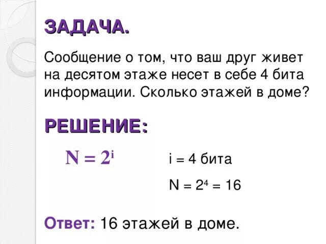 N 2 i. Сообщение о том что ваш друг живет на 10 этаже несет 4 бита информации. Сообщение о том что ваш друг живет на 10 этаже. N 2 I задачи. Сообщение несет 4 бита информации.