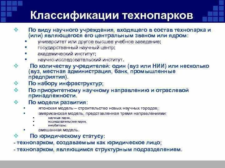 6 научных предложений. Классификация технопарков. Классификация индустриальных парков. Что входит в состав технопарка?. Виды научных организаций.