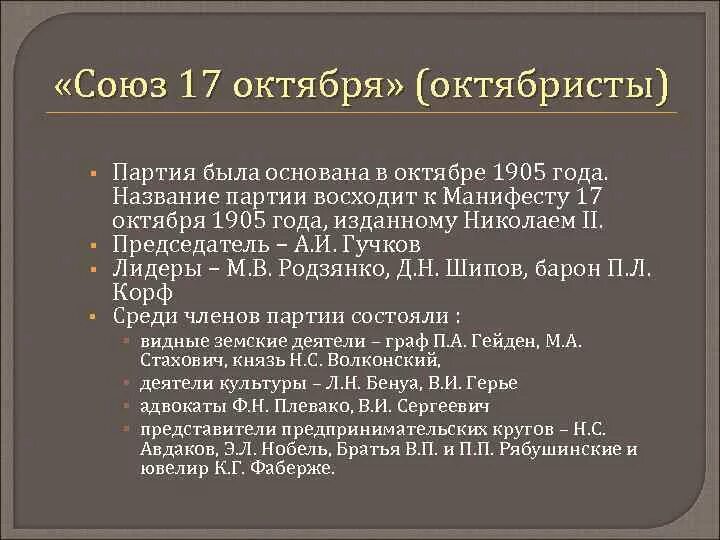 Лидер партии Союз 17 октября октябристы. Союз 17 октября партия октябристов сообщение. Руководитель октябристов 1905. Лидеры партий в 1905 году октябристы.