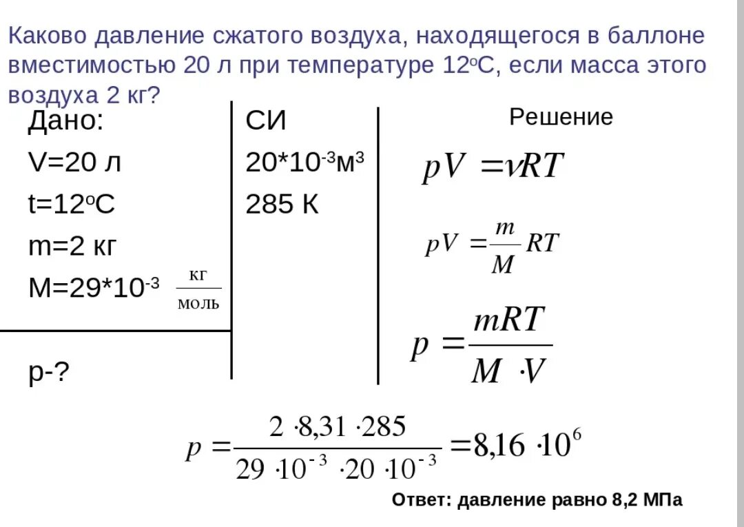 0 029 кг моль. Давление сжатого газа при 20с. Каково давление сжатого воздуха находящегося в баллоне емкостью 20 л. Давление сжатого воздуха в баллоне. Задачи по уравнению состояния идеального газа.