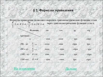 Таблица формул приведения