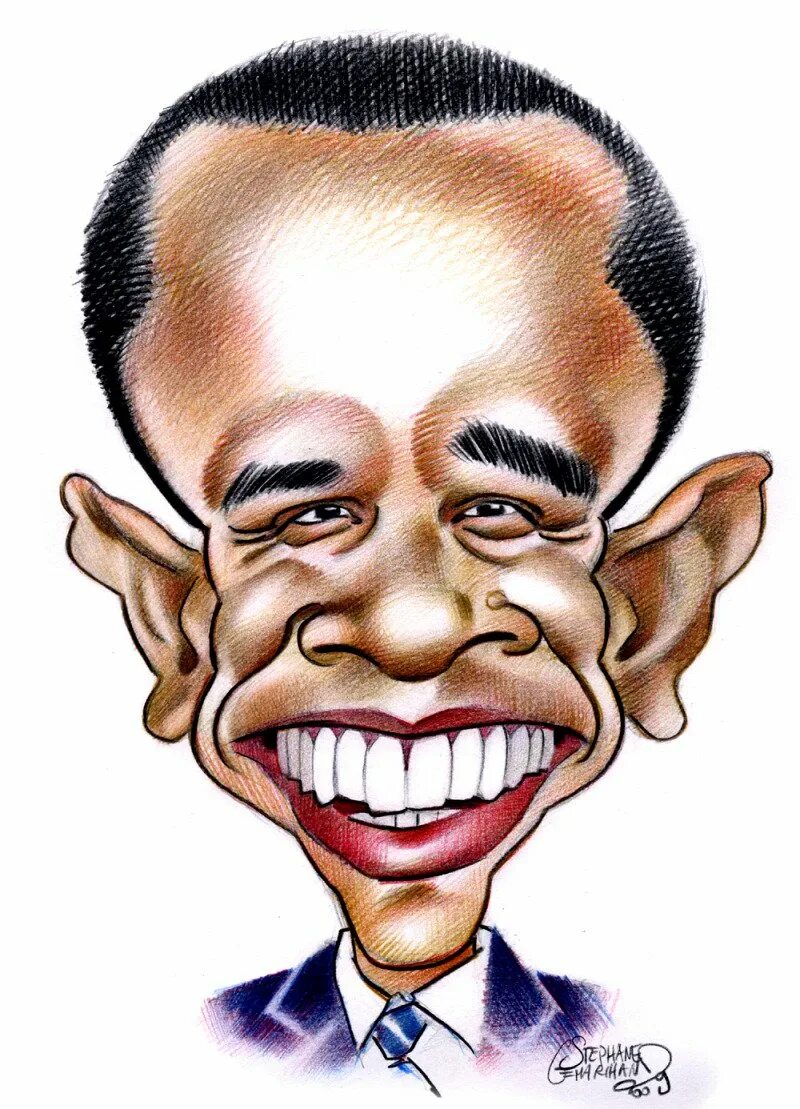 Барак Обама сатирический портрет. Барак Обама - дружеский шарж. Сатирические образы человека. Карикатурный портрет.