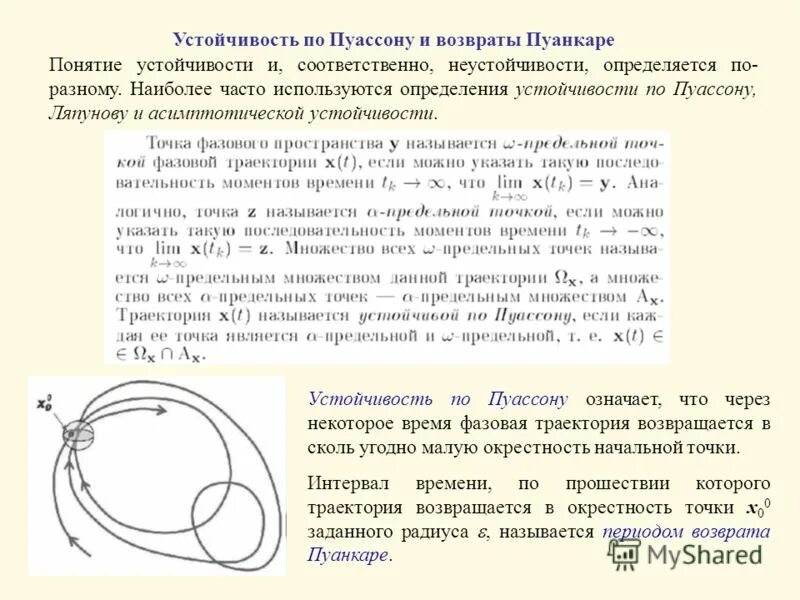 Устойчивость и асимптотическая устойчивость. Устойчивость по Пуассону. Устойчивость по Пуанкаре. Теорема Ляпунова об асимптотической устойчивости.