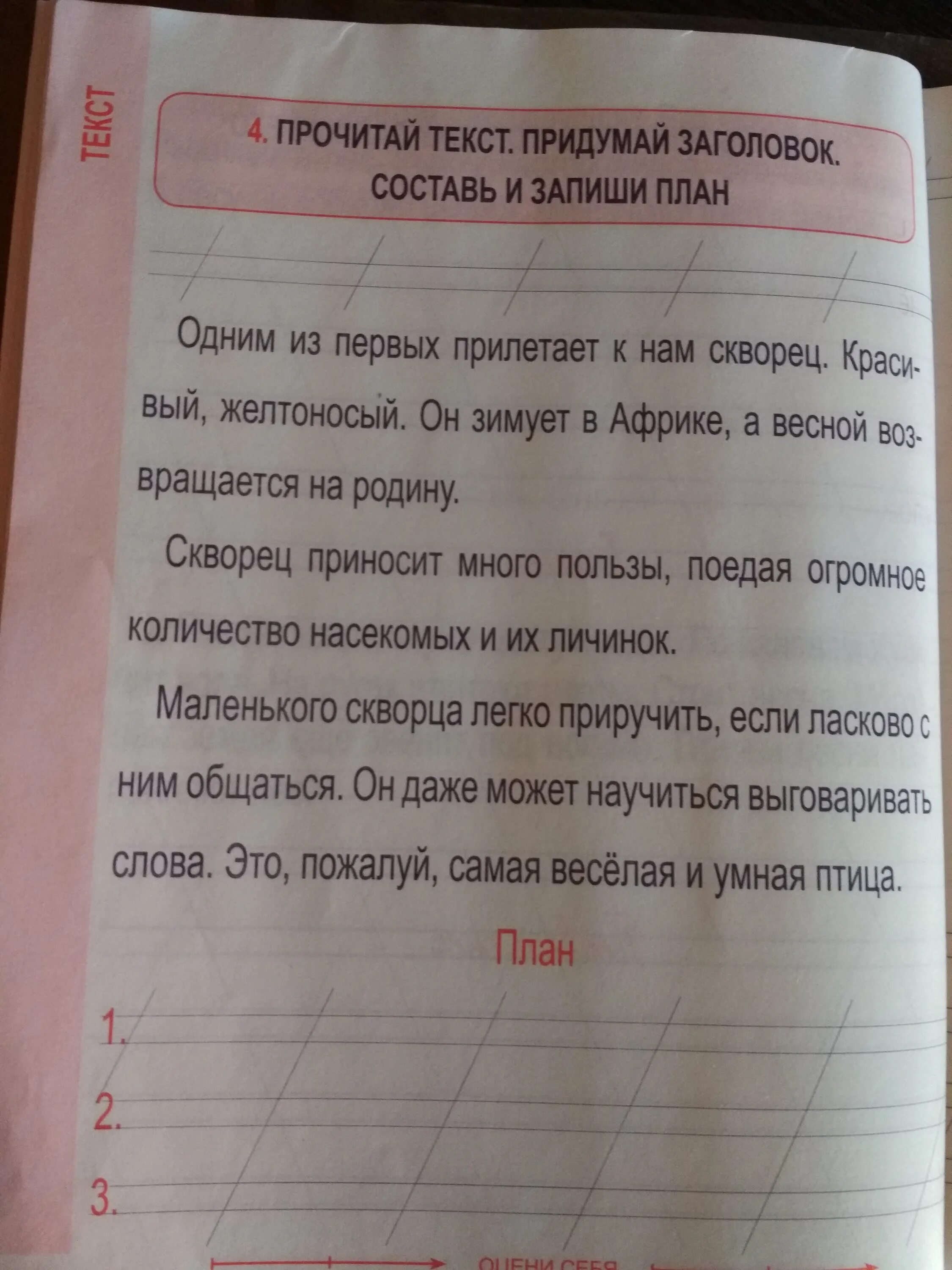 Прочитай текст. Придумай и запиши Заголовок. Прочитай текст. Придумай название к тексту. Прочитай Заголовок и слова. Прочитай текст и план который составил сережа