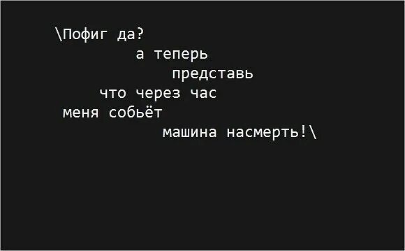 Все разбежимся через час. Тебе пофиг на меня. Представь через час меня собьет машина. Теперь мне пофиг. Цитаты мне пофиг.