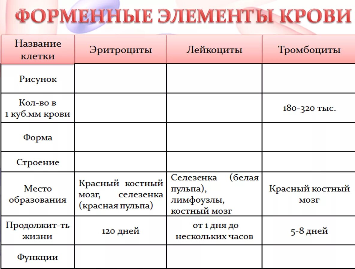 Сколько клеток крови. Таблица форменные элементы крови тромбоциты эритроциты лейкоциты. Строение лейкоцитов эритроцитов таблица. Таблица эритроциты лейкоциты тромбоциты таблица. Форменные элементы крови таблица лейкоциты.