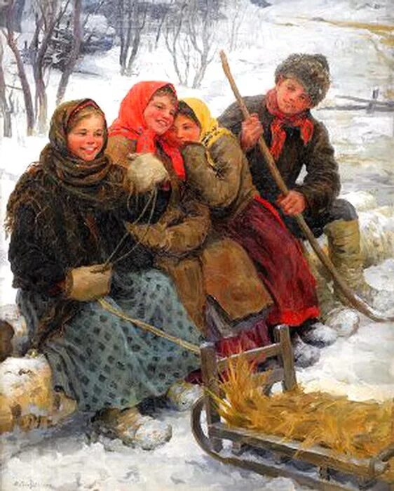 1906. У изгороди». Катание на санях. Художник федот васильевич сычков. Картины крестьянские дети зимой.