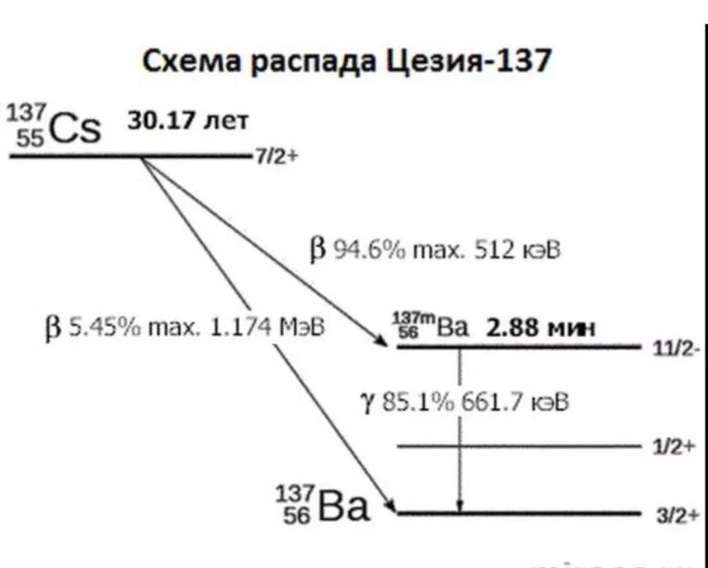 Период полураспада цезий 137 сколько лет. Схема распада цезия 137. Спектр цезия 137. Цепочка распада цезия 137. CS-137 схема распада.