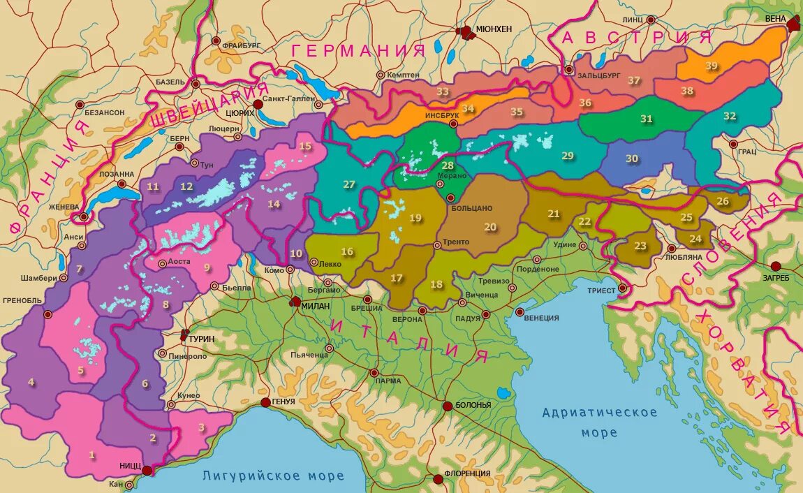 Альпы на карте Европы с границами государств. Горная система Альпы на карте. Горы Альпы на карте Европы.