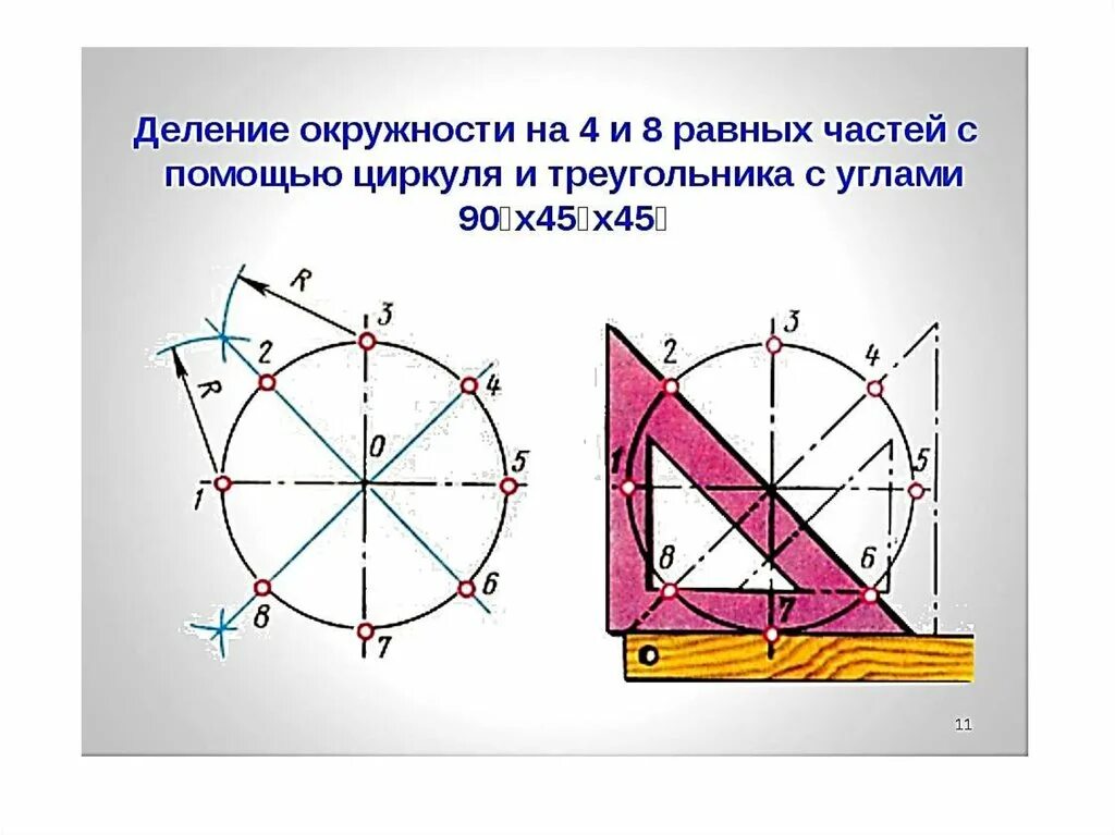 Деление окружности на 4 части циркулем. Деление окружности на 8 частей циркулем. Деление окружности на 3 части с помощью циркуля. Деление окружности на равные части с помощью циркуля.