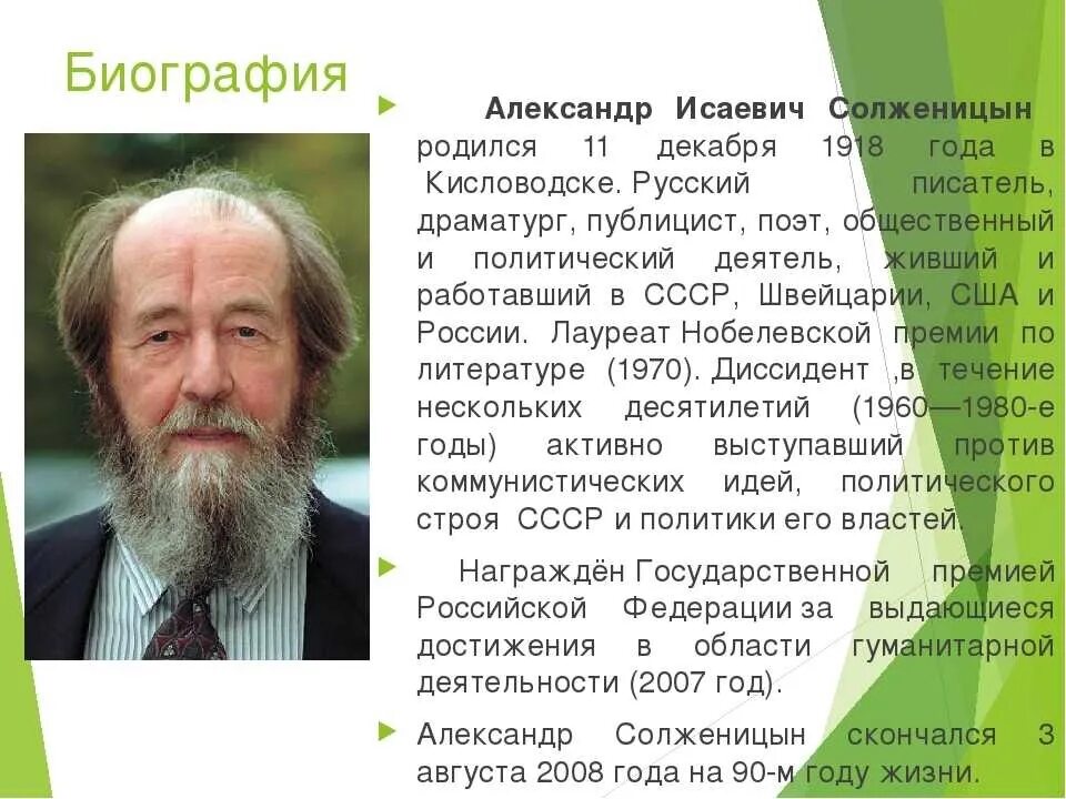 Используя статьи учебника и словаря русские писатели. Краткая биография биография Солженицына.